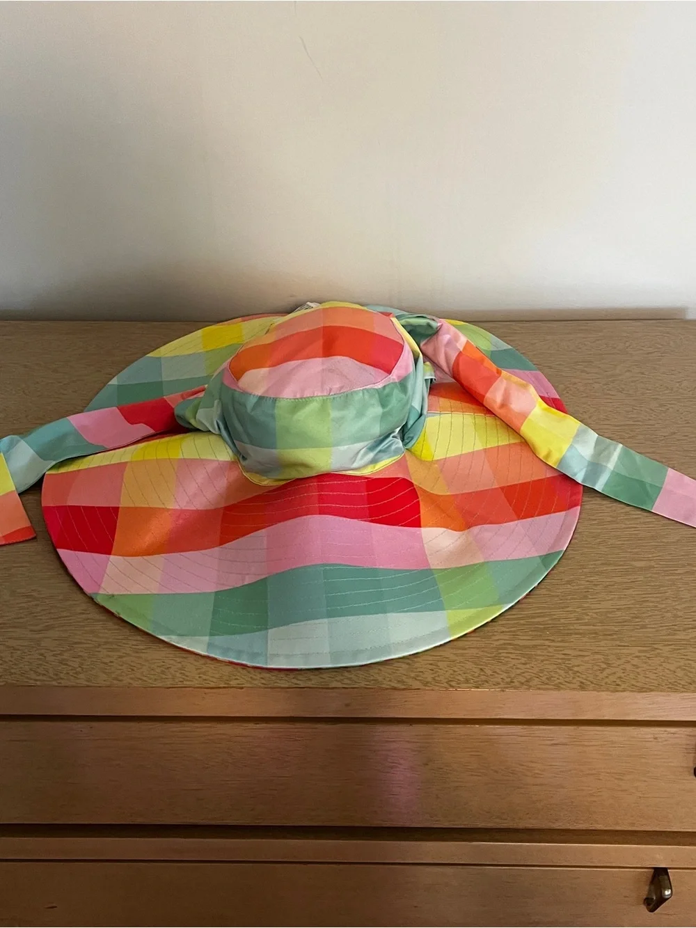 Farm Rio Tropical Garden Sun Hat OS Multi Lime Painted Birds Striped Wide Brim